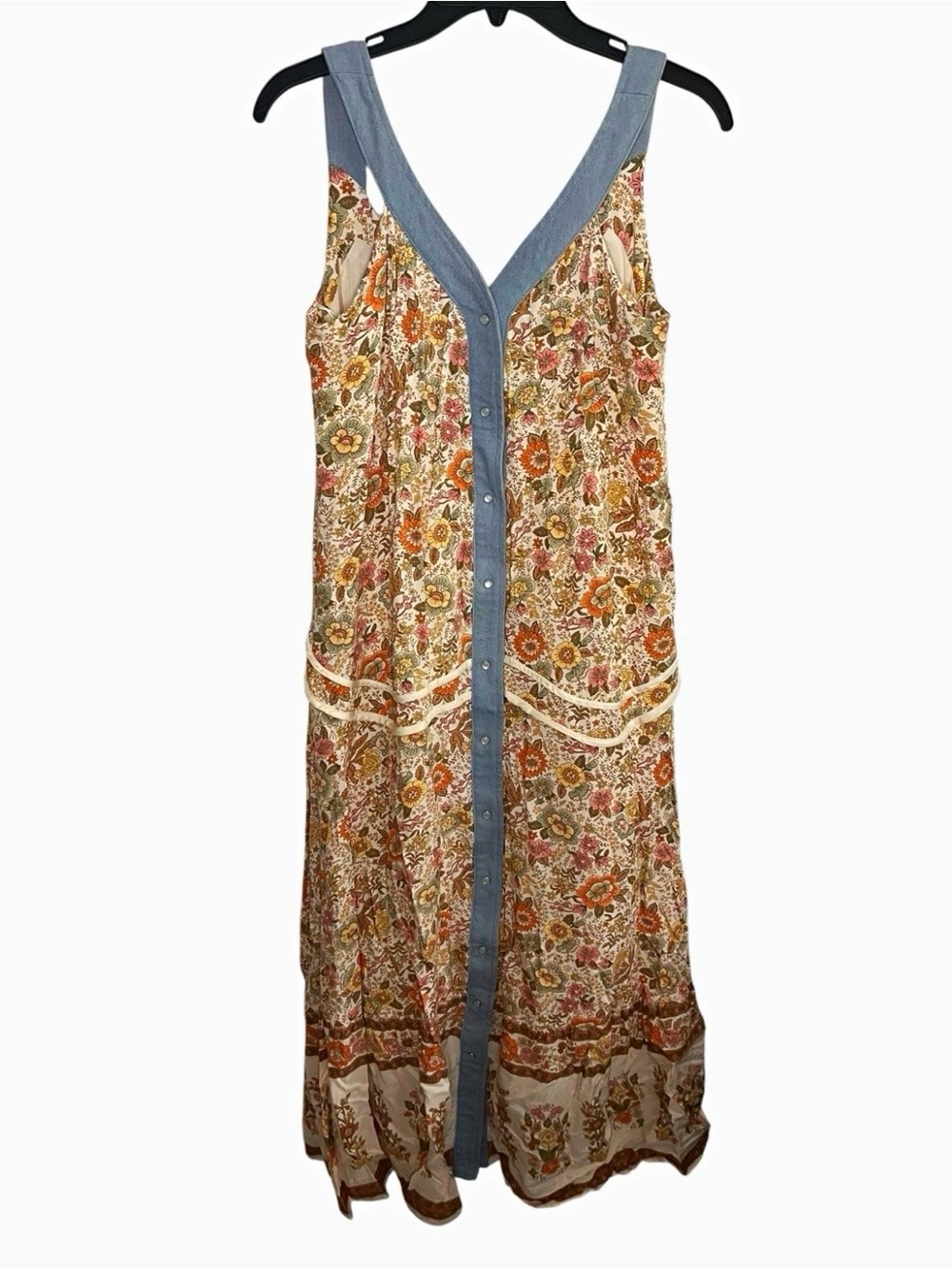 Davi & Dani Women’s Small Boho Floral Denim Trim Button Front Maxi Dress